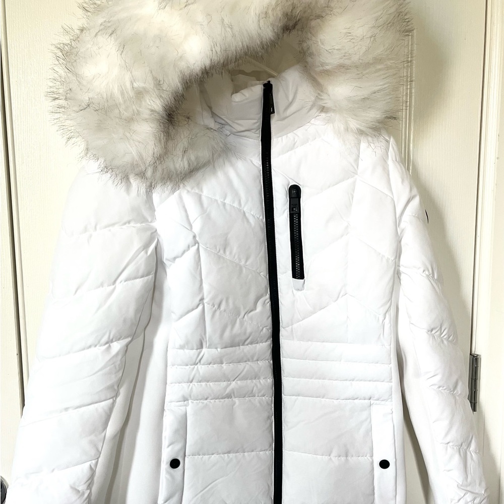 Michael Kors White Faux Fur Hood Puffer Jacket